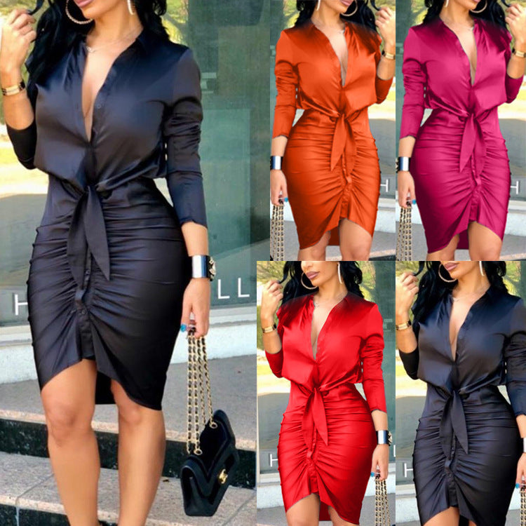 Women Lace-up Solid Color Long Sleeve Midi Dress Shirt Dress