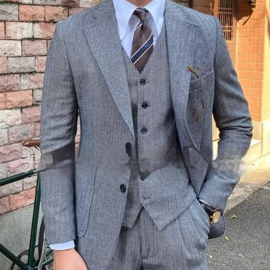 Men's Herringbone Single-breasted Casual Slim Suit Set