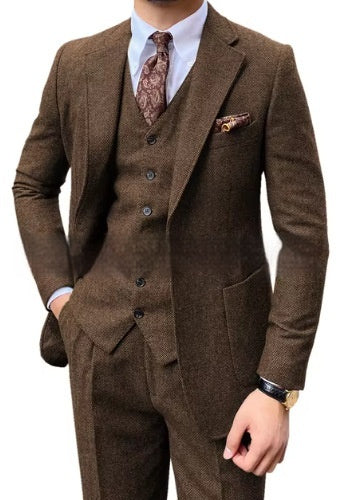 Men's Herringbone Single-breasted Casual Slim Suit Set