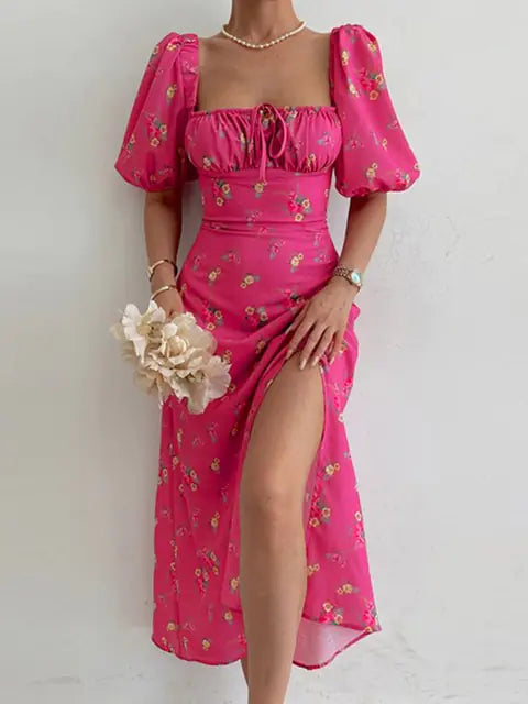 Floral Print Short Sleeve Hip Wrap Party Dress for Women