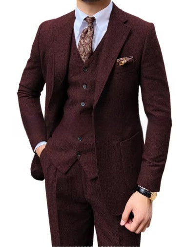 Men's Herringbone Single-breasted Casual Slim Suit Set