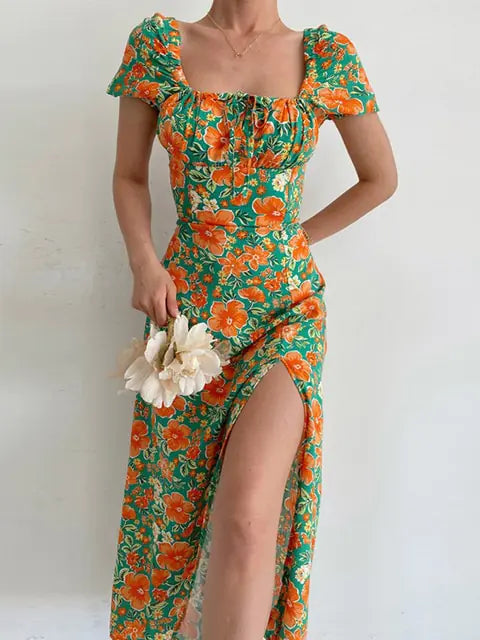 Floral Print Short Sleeve Hip Wrap Party Dress for Women