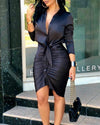 Women Lace-up Solid Color Long Sleeve Midi Dress Shirt Dress