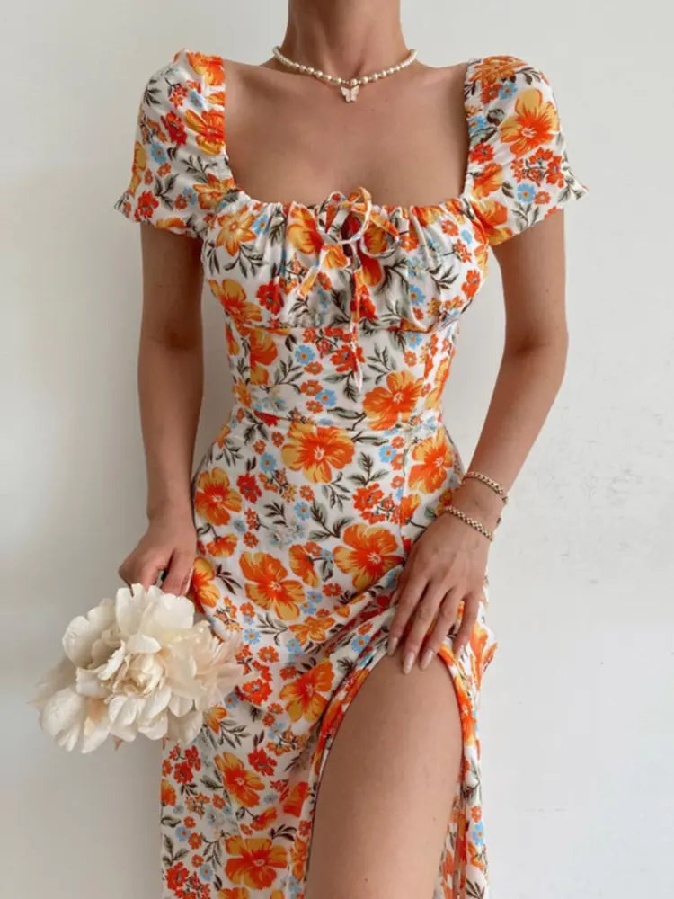 Floral Print Short Sleeve Hip Wrap Party Dress for Women