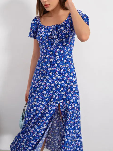 Floral Print Short Sleeve Hip Wrap Party Dress for Women