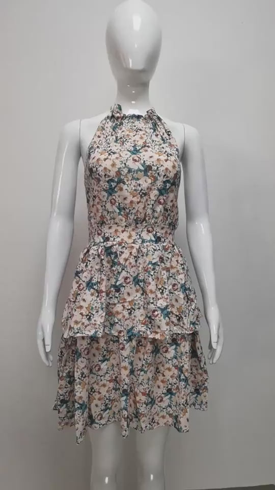 Summer Printed Halter Dress Fashion Boho Backless Ruffled A-Line Beach Dresses
